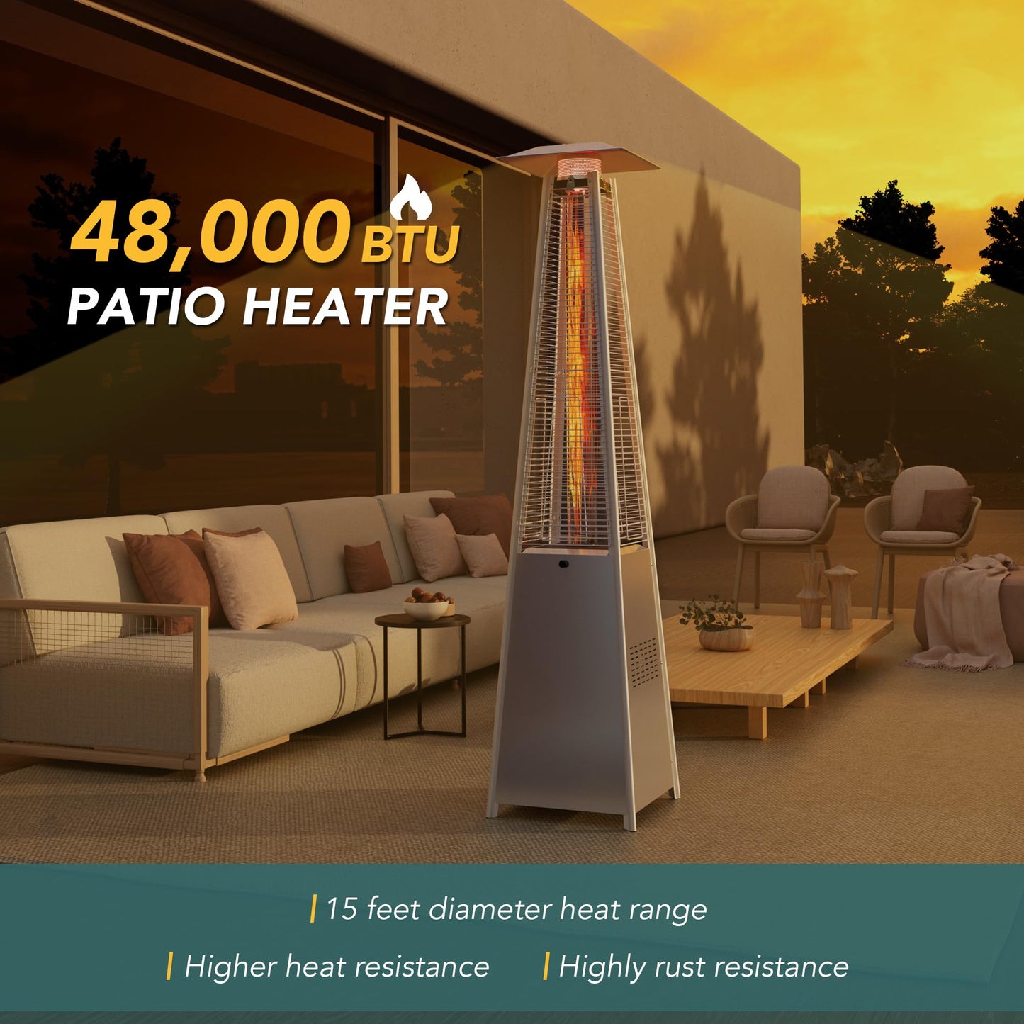 Pamapic Patio Heater, 48,000 BTU Pyramid Flame Patio Outdoor Heater with Cover, Quartz Glass Tube Stainless Steel Propane Heater with Wheels (Stainless Steel Color)