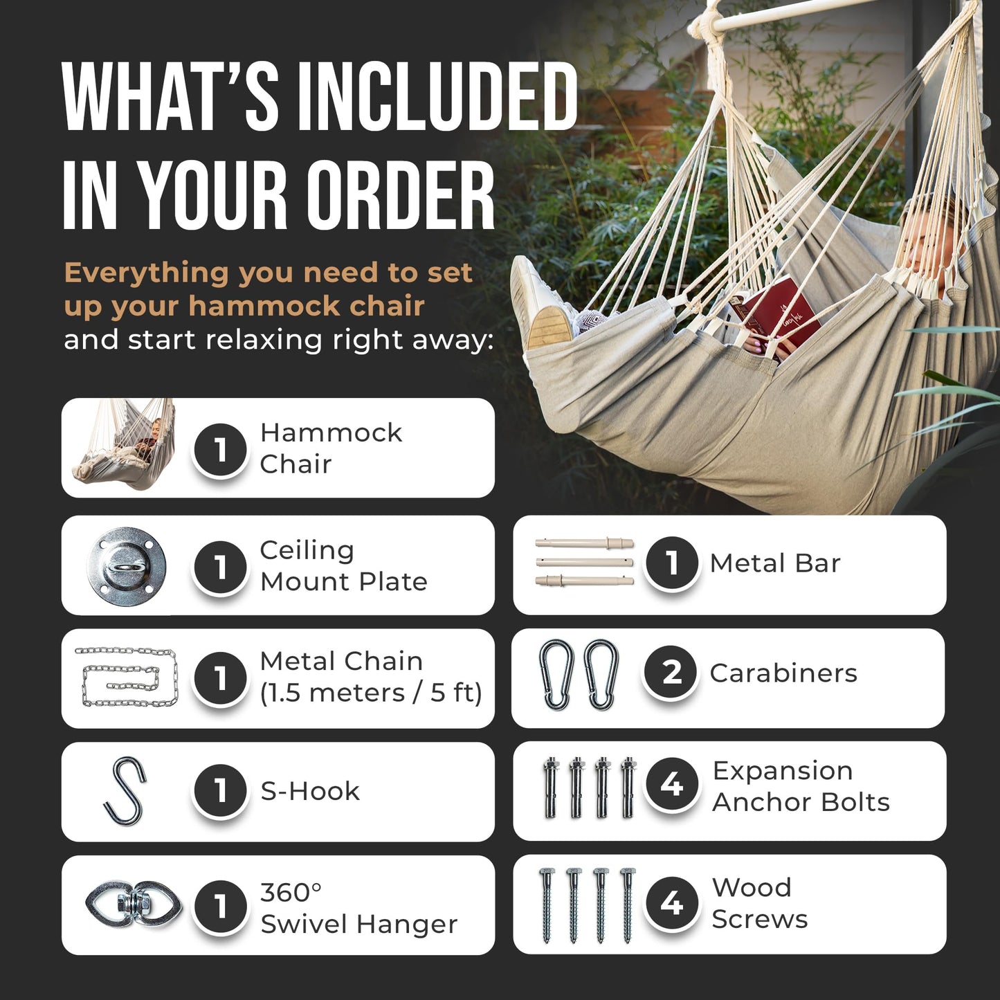 Hanging Hammock Chair Swing – Hanging Chair Outdoor & Indoor - Hammock Swing Chair – Quick & Easy Setup with Hardware Kit – Durable & Spacious Full Body Support – Holds 440 Lbs