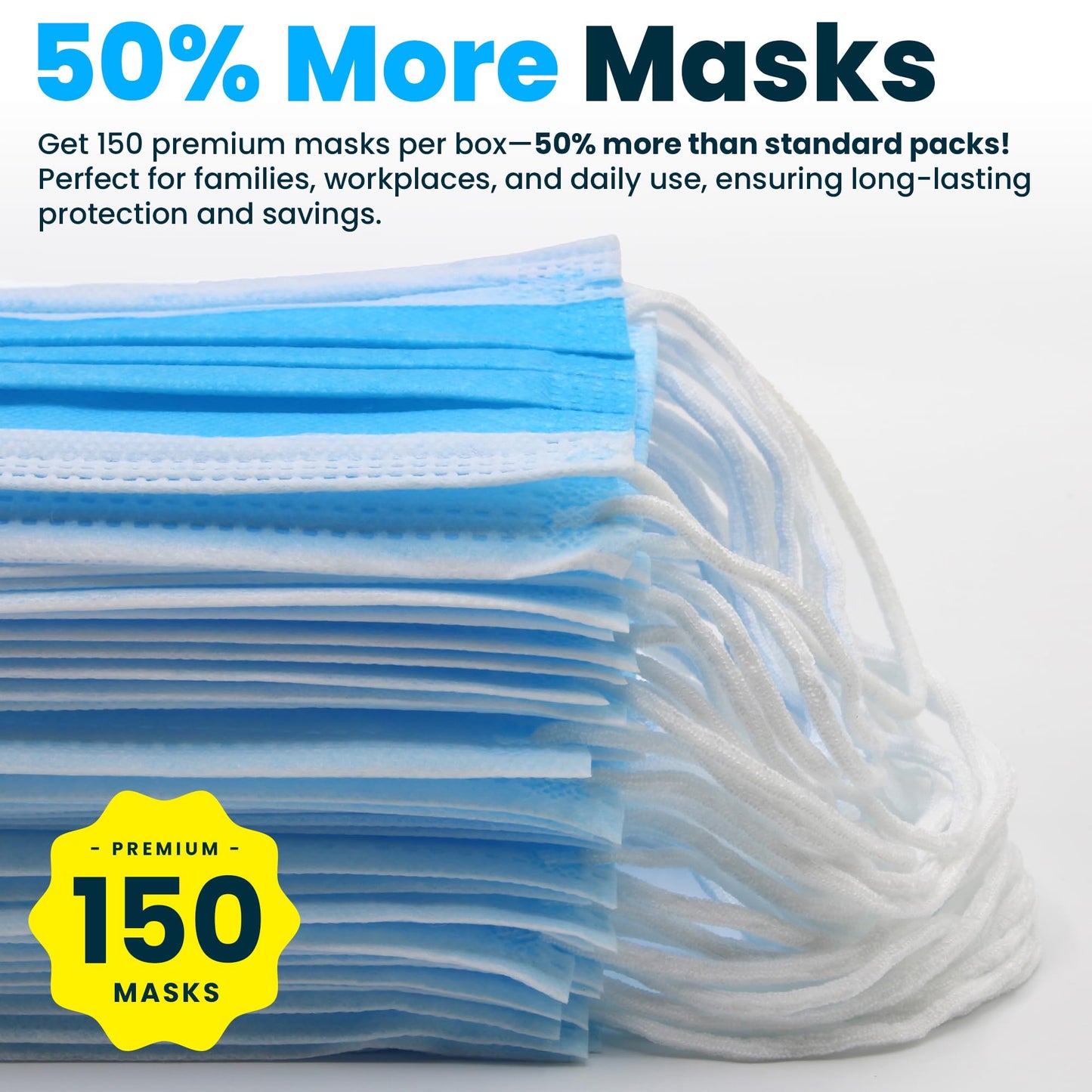 PURE GEM [Pack of 150] Single Use Disposable Blue Face Mask, Soft on Skin, 3-ply Masks Facial Cover with Elastic Earloops Great For Home, Office, School, and Outdoors