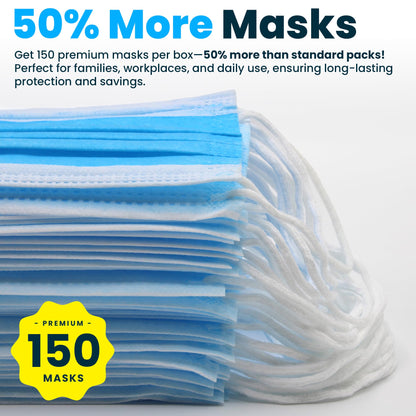 PURE GEM [Pack of 150] Single Use Disposable Blue Face Mask, Soft on Skin, 3-ply Masks Facial Cover with Elastic Earloops Great For Home, Office, School, and Outdoors