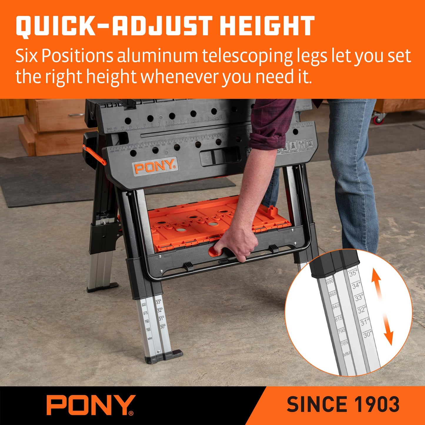 Pony Portable Folding Work Table, 2-in-1 as Sawhorse & Workbench, 31” W×25” D×25”-35”H, Large Load Capacity with 4pcs Clamps, 4pcs Bench Dogs