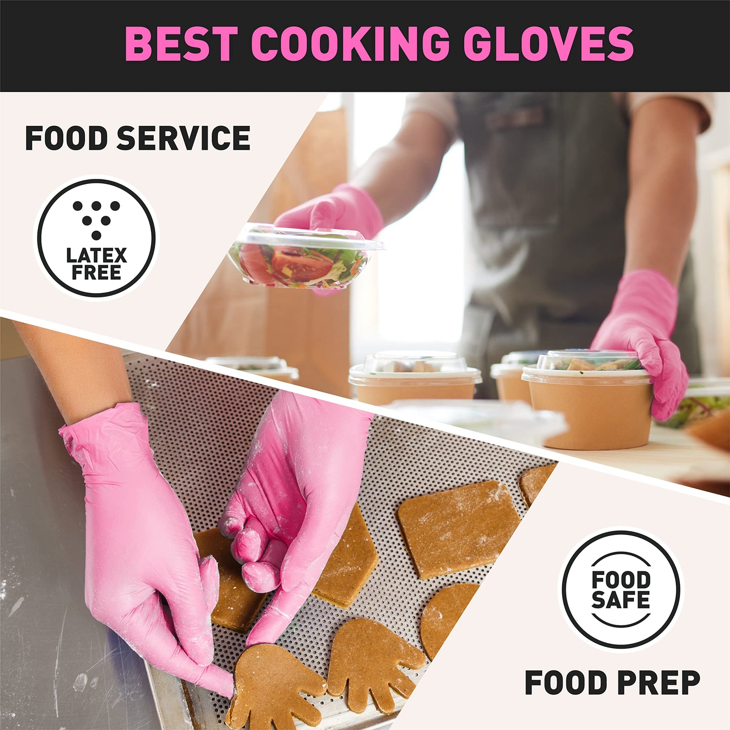 OKIAAS Black/Pink Vinyl Gloves Disposable Latex Free, Food Safe, Powder Free, 5 Mil Thickened for Cooking, Cleaning, Food Prep, Baking, Hair Dye, Tattoo, Medium, 50 Count