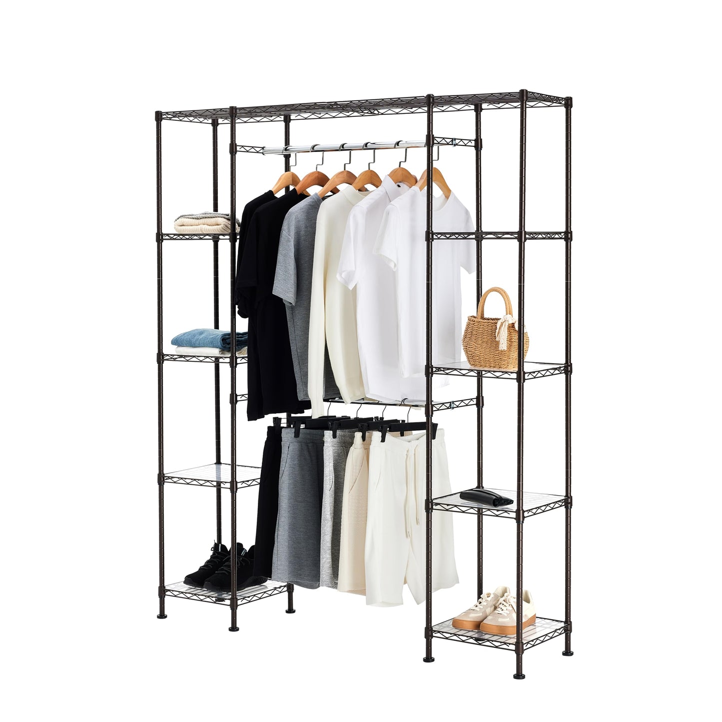 Amazon Basics Expandable Metal Hanging Closet Organizer and Storage Rack Wardrobe with Shelves, 57-80''L x 14''W x 72''H, Bronze