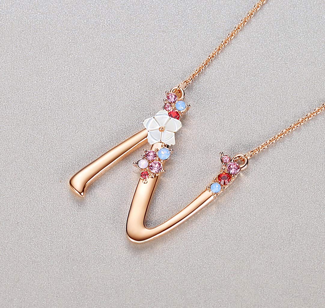 Flower Initial Letter Necklace, Pink Red Blue Simulated Pearl Pendant Name Jewelry Made with Austrian Crystals Rose Gold Plated Anniversary Birthday Gifts for Women,18"+2" (N)