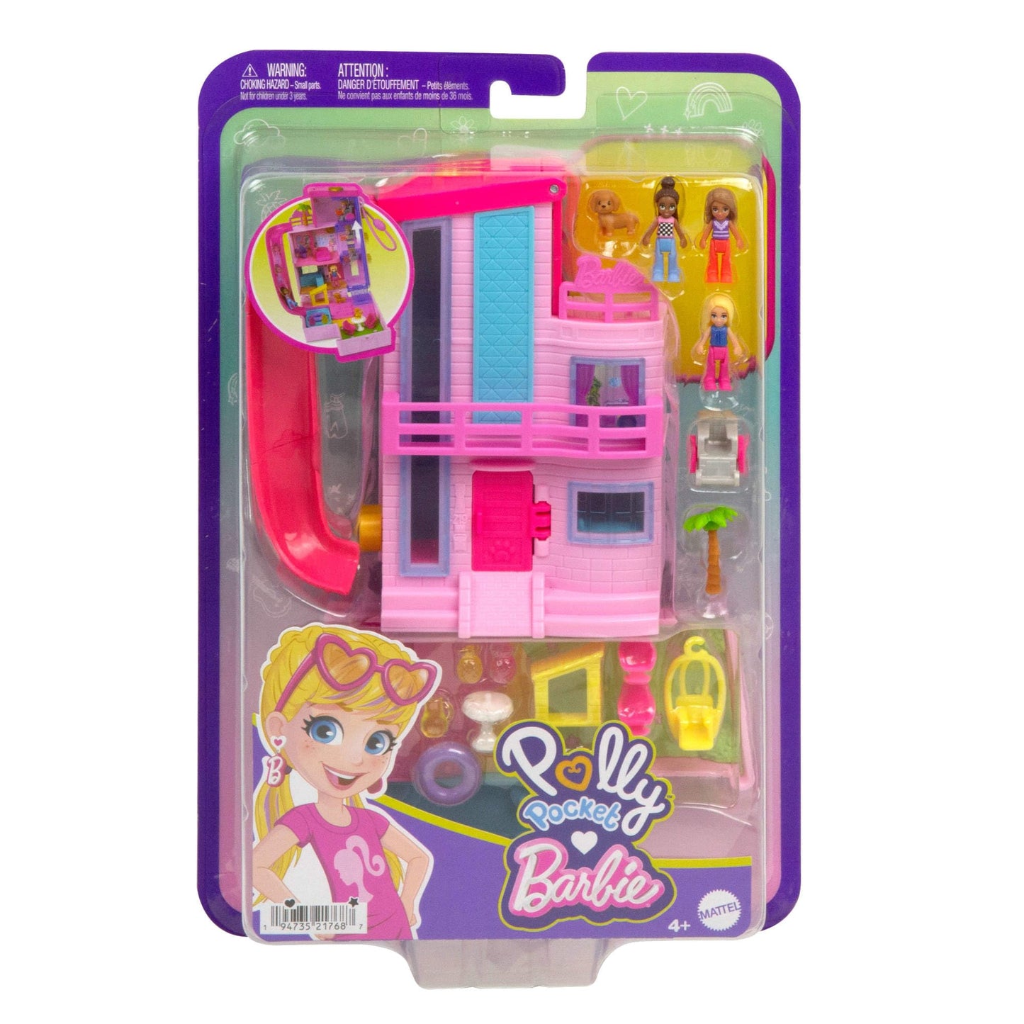 Polly Pocket Barbie Dreamhouse Compact, Dollhouse Playset with 3 Micro Dolls, 1 Puppy, 11 Accessories, Elevator & Pool