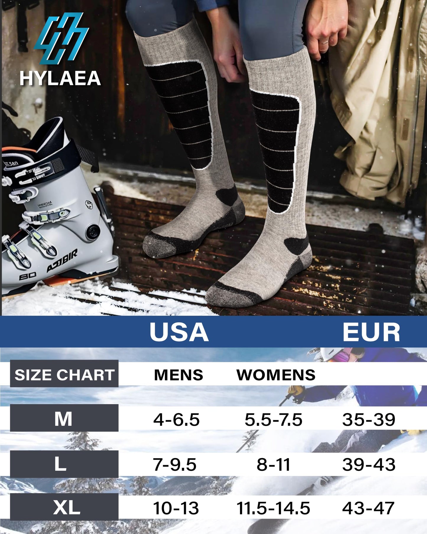 Merino Wool Cold Weather Ski Socks for Snowboarding, Snow, Winter - Thermal Knee-High Warm Socks for Hunting, Outdoor Sports (3 Pairs, Black Grey Grey, X-Large)