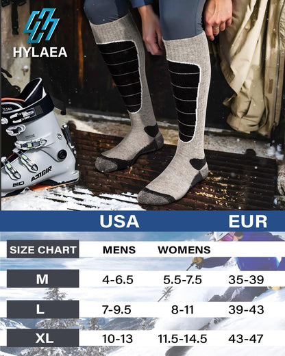 Merino Wool Cold Weather Ski Socks for Snowboarding, Snow, Winter - Thermal Knee-High Warm Socks for Hunting, Outdoor Sports (3 Pairs, Black Grey Grey, X-Large)