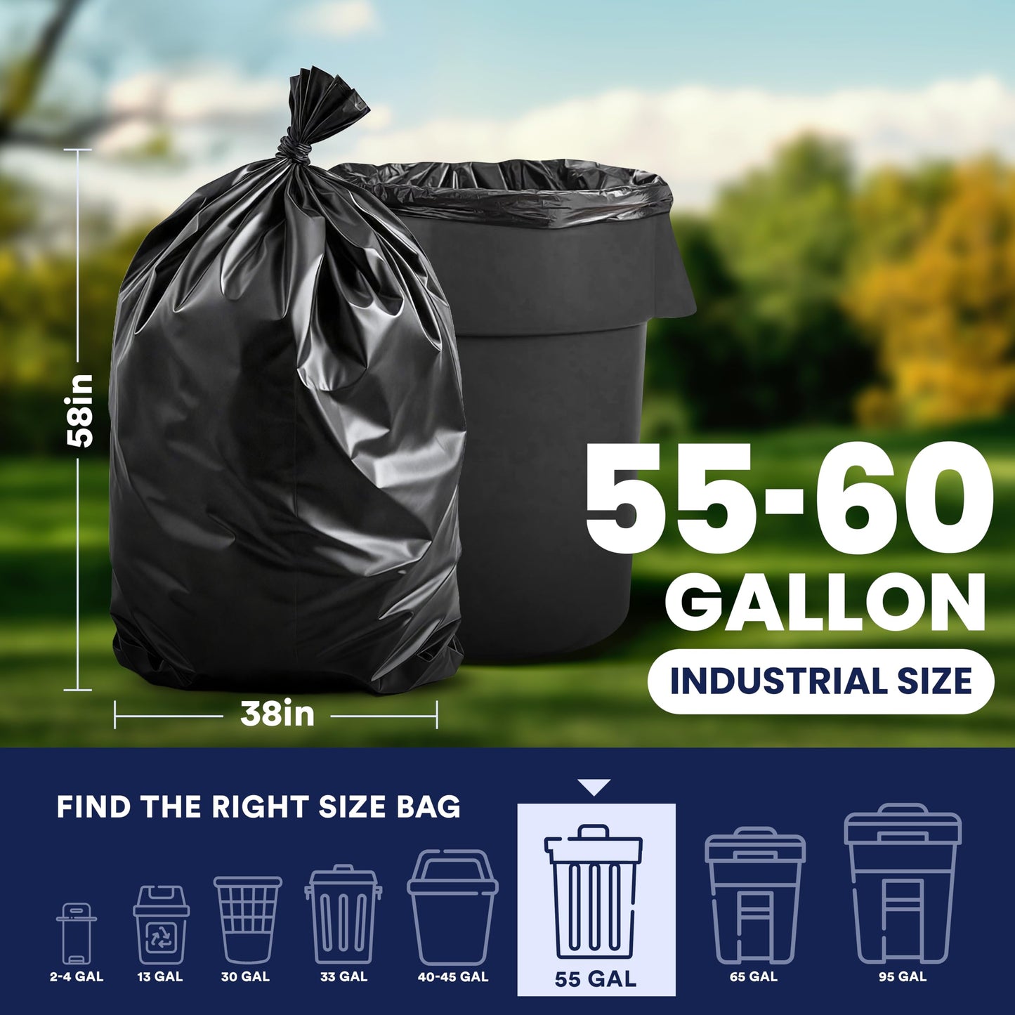 Plasticplace 55-60 Gallon Trash Bags, 1.2 Mil Heavy Duty Contractor Garbage Bags, Black Tear-Resistant Bags for Construction, Yard Waste, Industrial Use, Large 38” x 58” (100 Count)