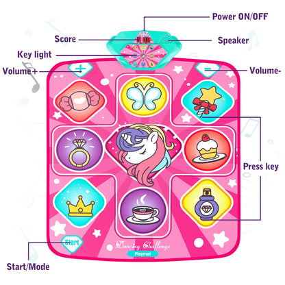 Kusntin Unicorn Dance Mat, Dance Mixer Rhythm Step Play Mat, Pink Dance Pad with LED Lights, Adjustable Volume, Built-in Music, 5 Game Modes, Xmas B-Day Gifts for 3-12 Years Old Girls Toys