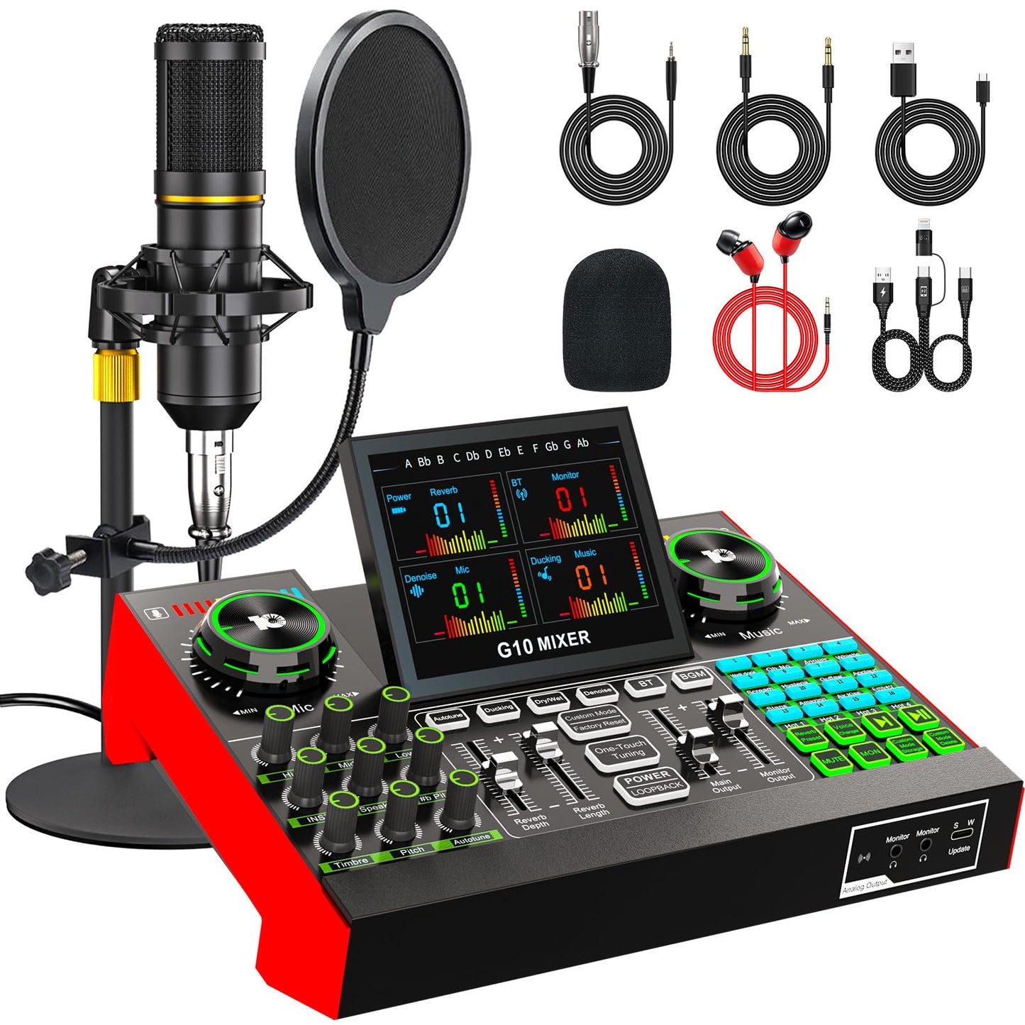Podcast Microphone Bundle with Live Sound Card Audio Mixer, Podcast Equipment Bundle with 3.5mm Condenser Microphone for Pc/Phone Live Streaming Singing Gaming, Sound Board with Voice Changer, Denoise