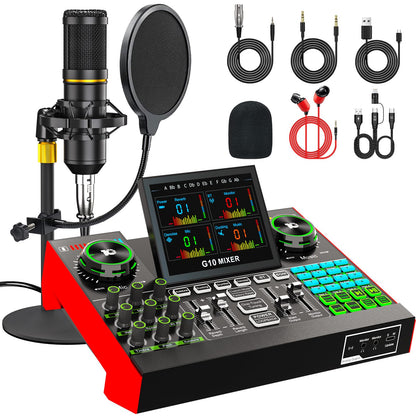 Podcast Microphone Bundle with Live Sound Card Audio Mixer, Podcast Equipment Bundle with 3.5mm Condenser Microphone for Pc/Phone Live Streaming Singing Gaming, Sound Board with Voice Changer, Denoise