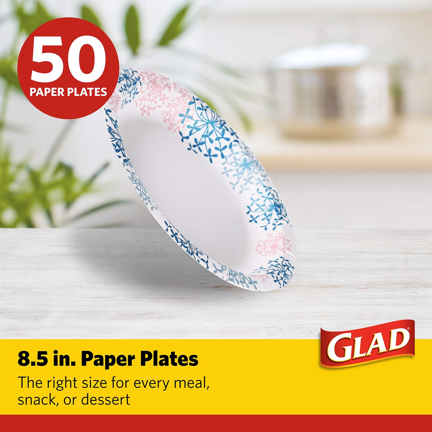 Glad Round Disposable Paper Plates for All Occasions | Soak Proof, Cut Proof, Microwaveable Heavy Duty Disposable Plates | 8.5" Diameter, 50 Count Bulk Paper Plates