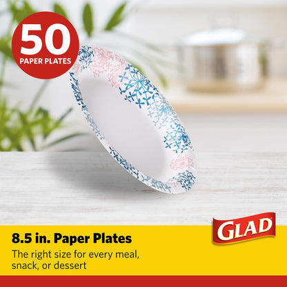 Glad Round Disposable Paper Plates for All Occasions | Soak Proof, Cut Proof, Microwaveable Heavy Duty Disposable Plates | 8.5" Diameter, 50 Count Bulk Paper Plates