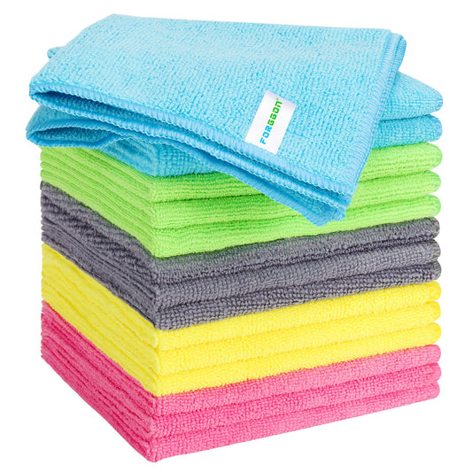 Forggon 15pcs Microfiber Cleaning Cloth Lint Free, Absorbent, Streak Free, Non-Abrasive, Reusable and Washable，Cleaning Towels with 5 Color Assorted,11.5"X11.5"(Green/Blue/Yellow/Pink/Grey)