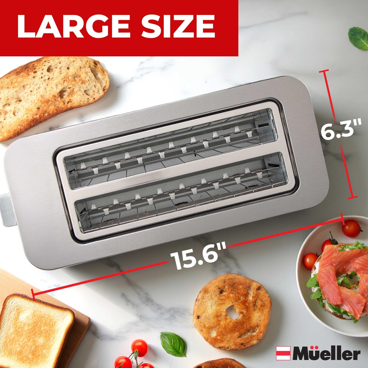 Mueller UltraToast Full Stainless Steel Toaster 4 Slice, Long Extra-Wide Slots for Bagels and Waffles, 6 Browning Levels, LED Display, Cancel/Defrost/Reheat Functions & Removable Tray, Kitchen Gadgets
