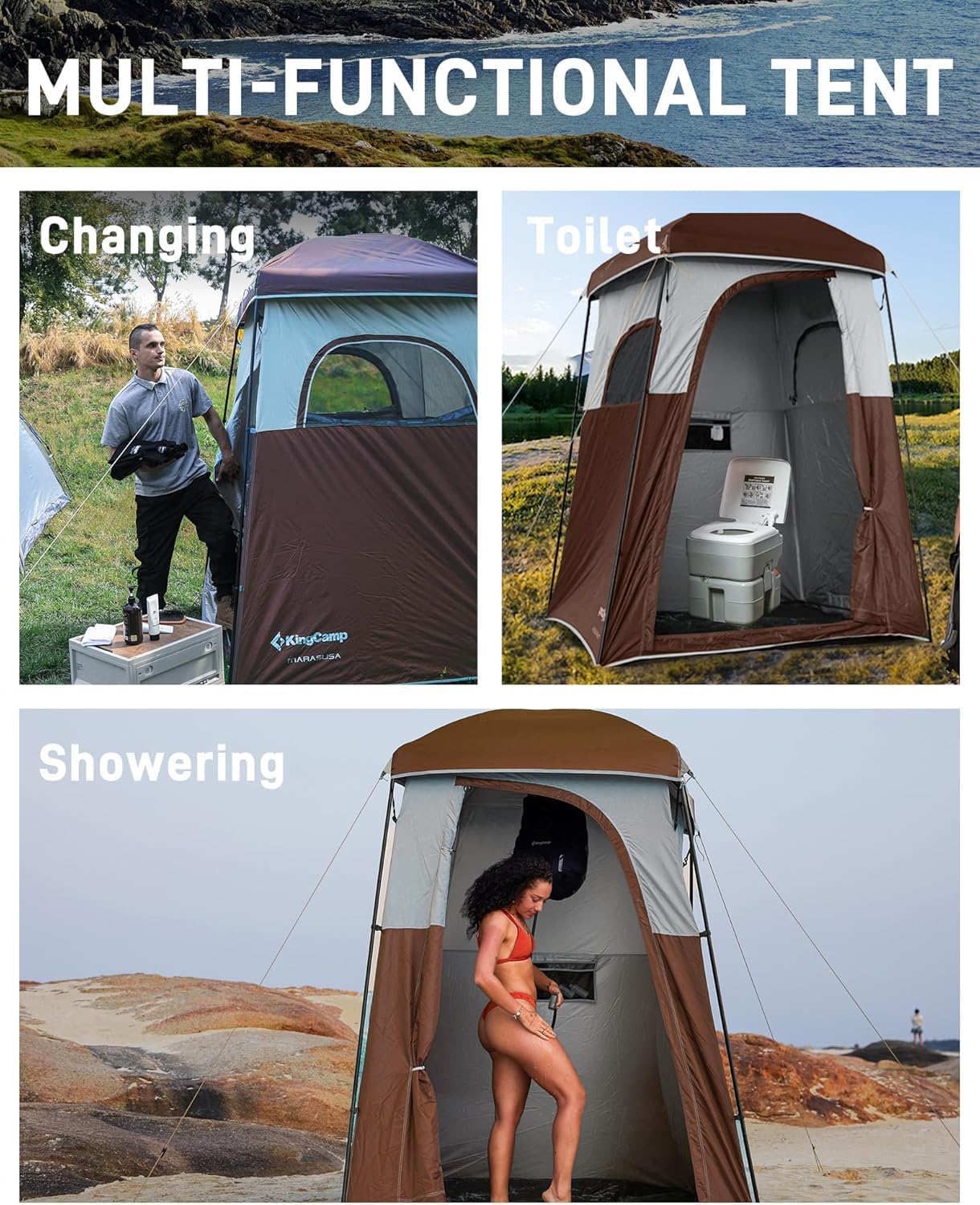 KingCamp Oversize Space Privacy Camping Outdoor Shower Enclosure Portable Shower Tent for Camping 1 Room Brown Changing Tent Dressing Room