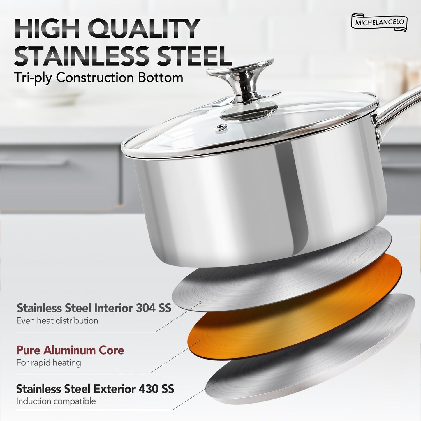 MICHELANGELO Stainless Steel Saucepan Set with Lids 1QT & 2QT & 3QT, Stainless Steel Sauce Pot Set 6pcs, Induction Saucepans, Nonstick Sauce Pan Set, Dishwasher Safe