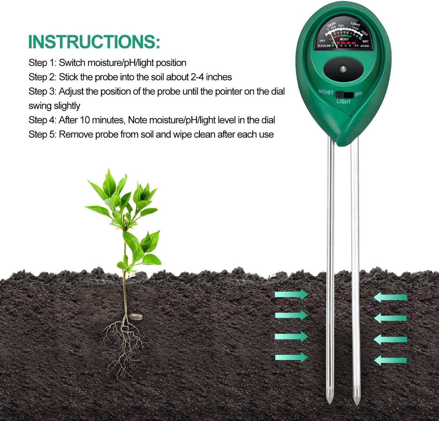iPower 3-in-1 Soil Test Kit, Soil Moisture/Light/pH Meter for House Plant, Garden, Lawn, Farm, Ideal for Indoor & Outdoor Use