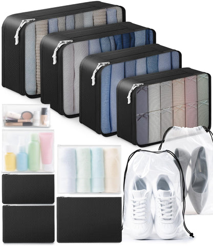 ALL INCLUDED - 12 Set Packing Cubes for Suitcases Carry On, Travel Essentials/Accessories Luggage Organizer Bags Set, Includes Cubes, Shoes Bag, Matte Cosmetic Bag, Zipper Bags