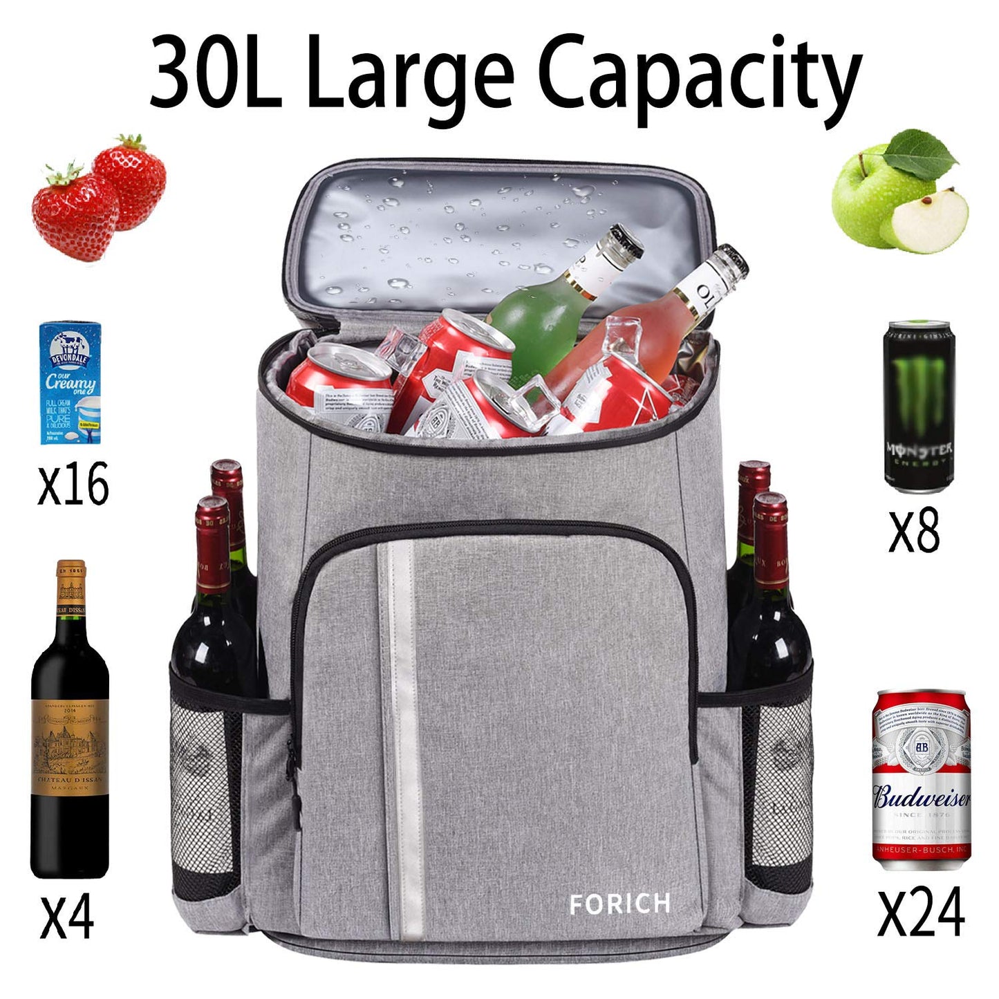 FORICH Backpack Cooler Leakproof Insulated Waterproof Backpack Cooler Bag, Lightweight Soft Beach Cooler Backpack for Men Women to Work Picnics Camping Hiking, 30 Cans(Grey)