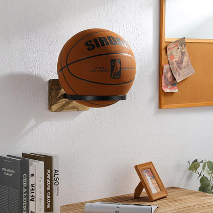 4 Pcs Wall Mount Basketball Holder with Wooden Base, Ball Storage Holders Display Rack for Autograph Basketball, Football, Soccer, Volleyball Collection, Sports Accessories Organizer for Player Fans
