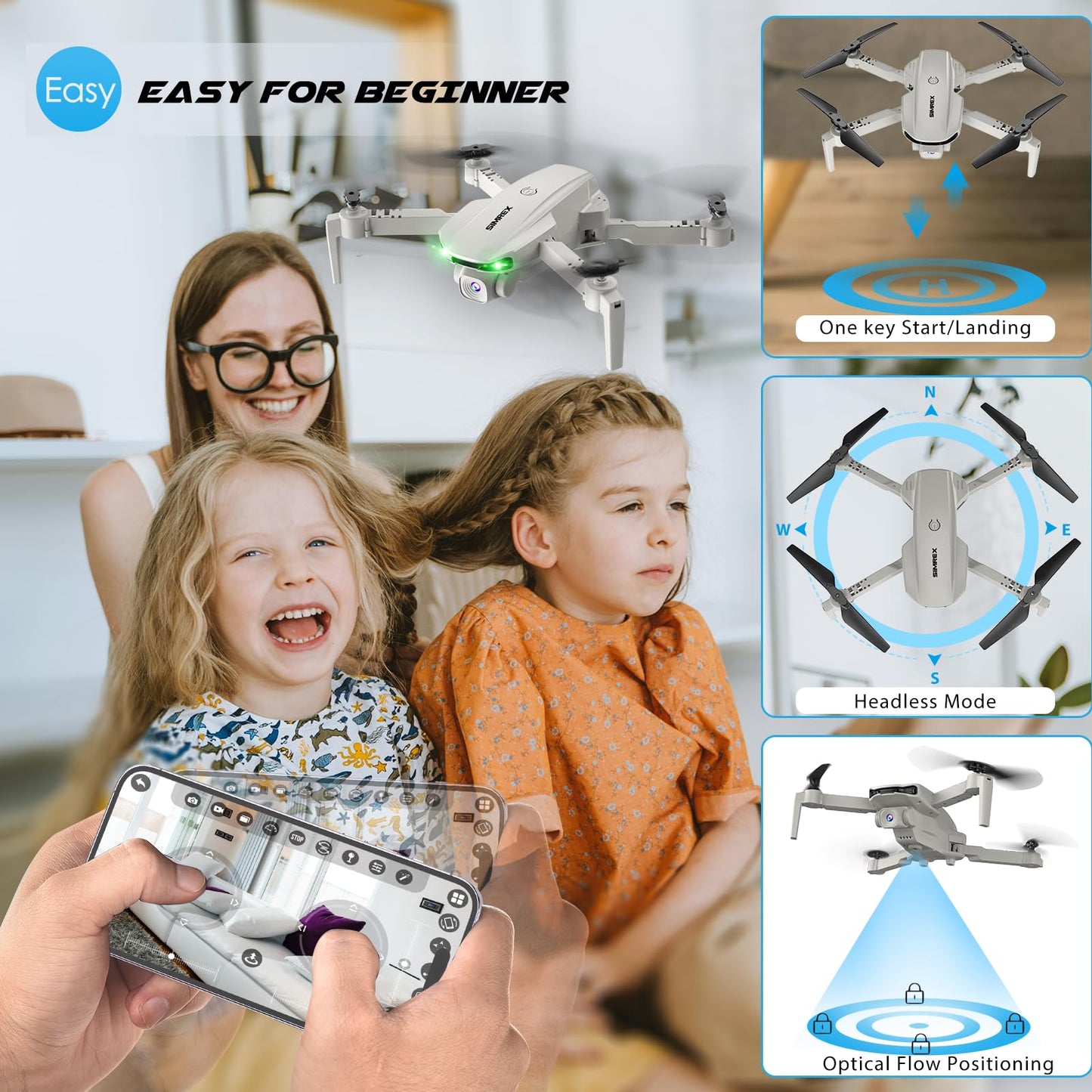 SIMREX Drone With Camera 1080P for Kids And Adults, RC Quadcopter with Altitude Hold, Mini Drone With One Key Start, Waypoint Fly, Headless Mode, 3D Flip, 3 Speeds, Remote Control Drone for Beginners