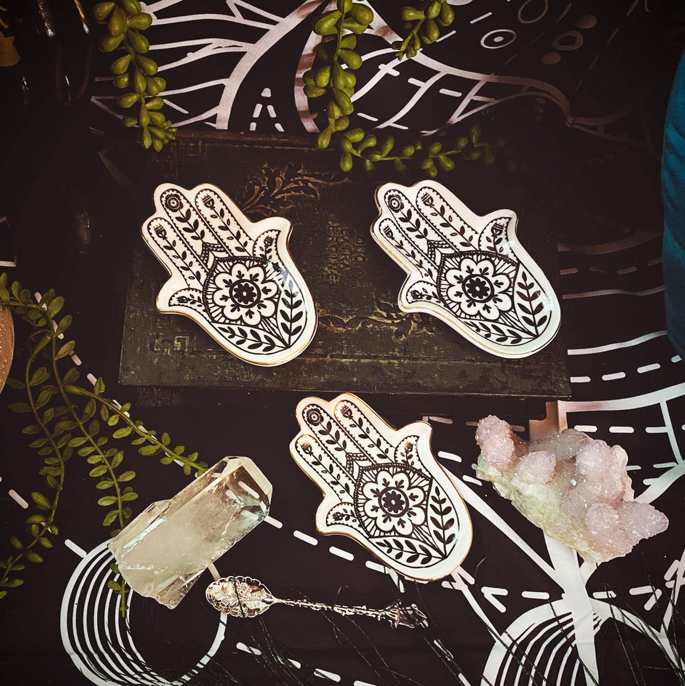 MADE BY LUCKY Jewelry Trinket Ring Dish Ceramic Hamsa Evil Eye Hand of Fatima Holder Key Ashtary Trinket Plate Bowl Small Boho Home Decorative Cute Decor Jewelry Tray Dish Gift Mom Brithday