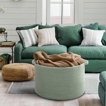 MEGASKET Extra Large Green Basket, 22" X 22" X 14" Woven Cotton Rope Baskets for Blankets, Nursery Wicker Laundry Basket, Kids Toy Storage Bin, Green Living Room Office Decor Baskets for Organizing