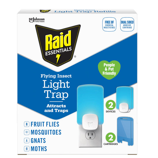 Raid Essentials Flying Insect Light Trap Starter Kit, 2 Plug-In Devices + 2 Cartridges, Featuring Light Powered Attraction