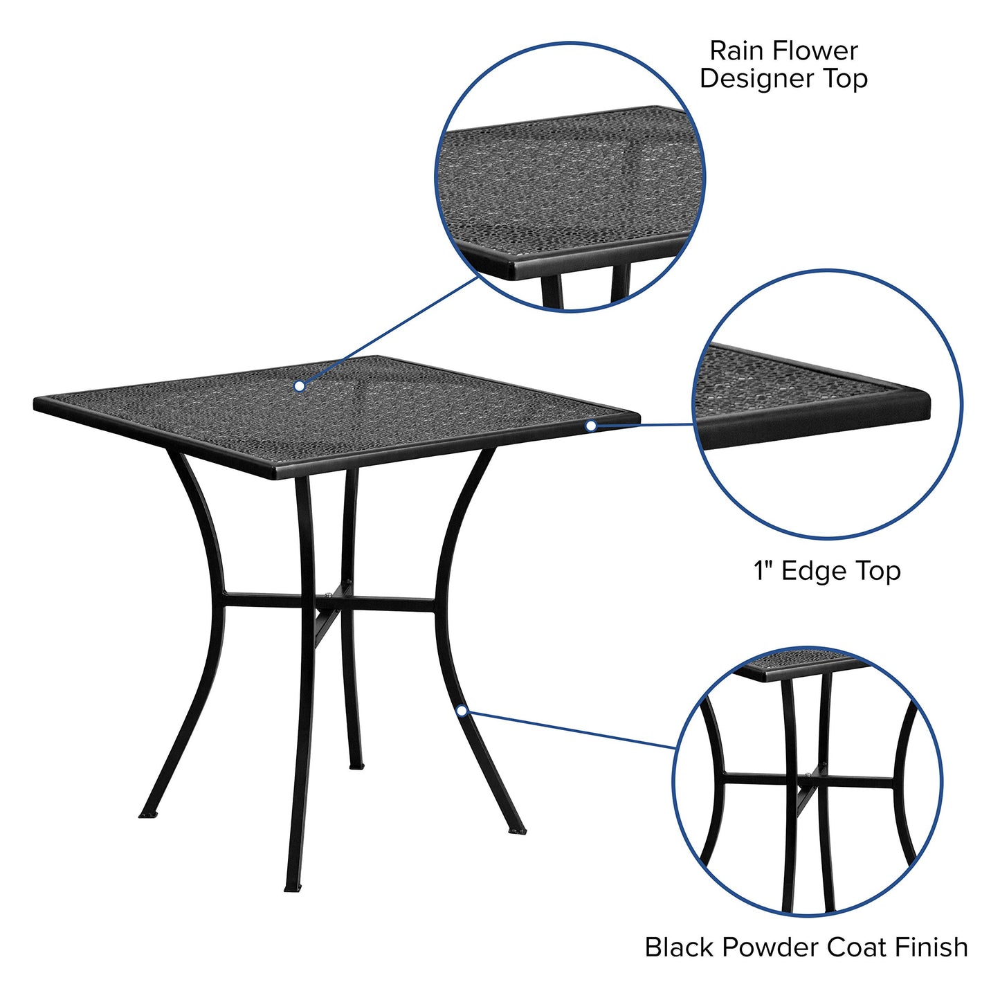 Flash Furniture Oia 28" Commercial Grade Steel Patio Table, Modern Square Rain Flower Design Outdoor Dining Table, Black