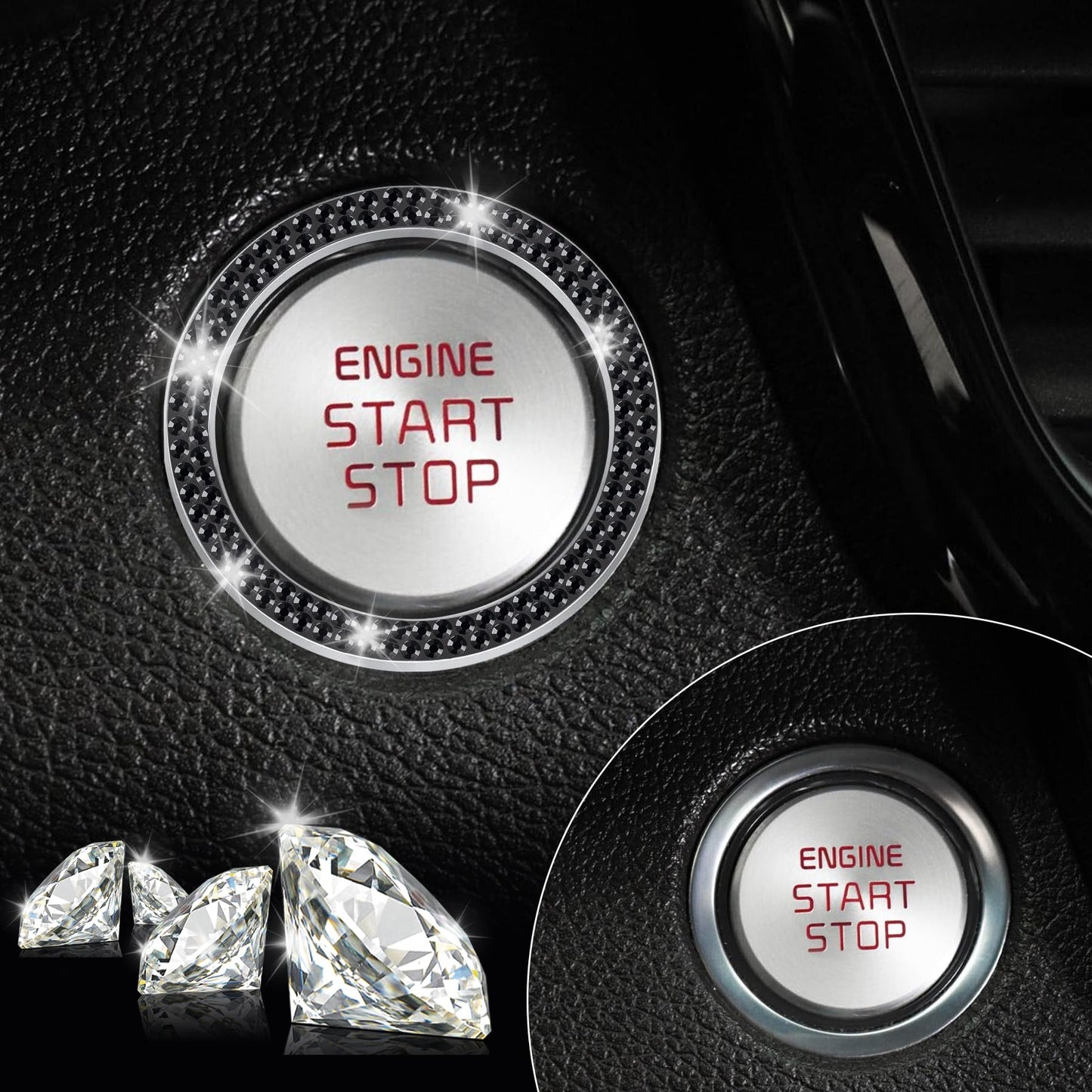 LivTee 2 PCS Crystal Double Rhinestone Car Engine Start Stop Decoration Ring, Bling Car Interior Accessories for Women, Push to Start Button Cover Sticker, Automotive Decals, Black
