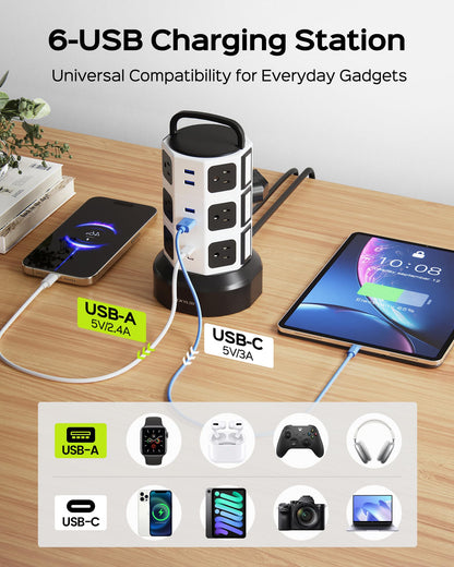 Power Strip Tower Surge Protector, JACKYLED 12 Outlets 6 USB (2 USB C) Charging Station, Extension Cord with Multiple Outlets, 1050J 1625W/13A Outlet Extender 6.5ft Extension Cord for Home Office