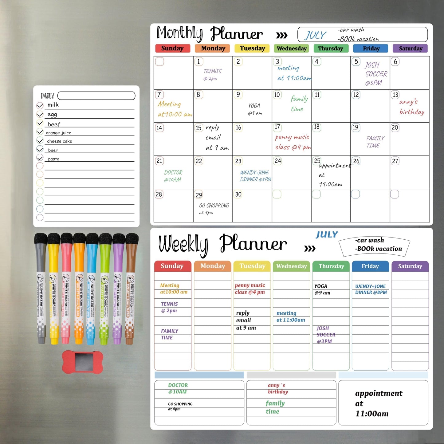 Hivillexun Magnetic Dry Erase Calendar Whiteboard Set (3-Pack) for Fridge, Wall, and Refrigerator Organization – Monthly, Weekly, and Daily Planners with 8 Markers and Eraser