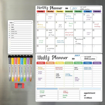 Hivillexun Magnetic Dry Erase Calendar Whiteboard Set (3-Pack) for Fridge, Wall, and Refrigerator Organization – Monthly, Weekly, and Daily Planners with 8 Markers and Eraser