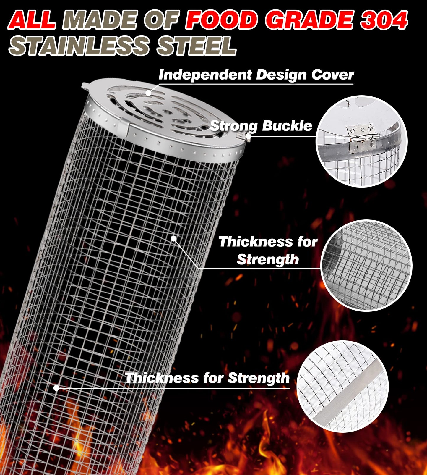 Rolling Grilling Baskets for Outdoor Grill Bbq Net Tube Stainless Steel Large Round Mesh Rotation Barbecue Cylinder Cage Cooking Accessories for Veggies Vegetable Fish Meat Food Camping, Gift for Men