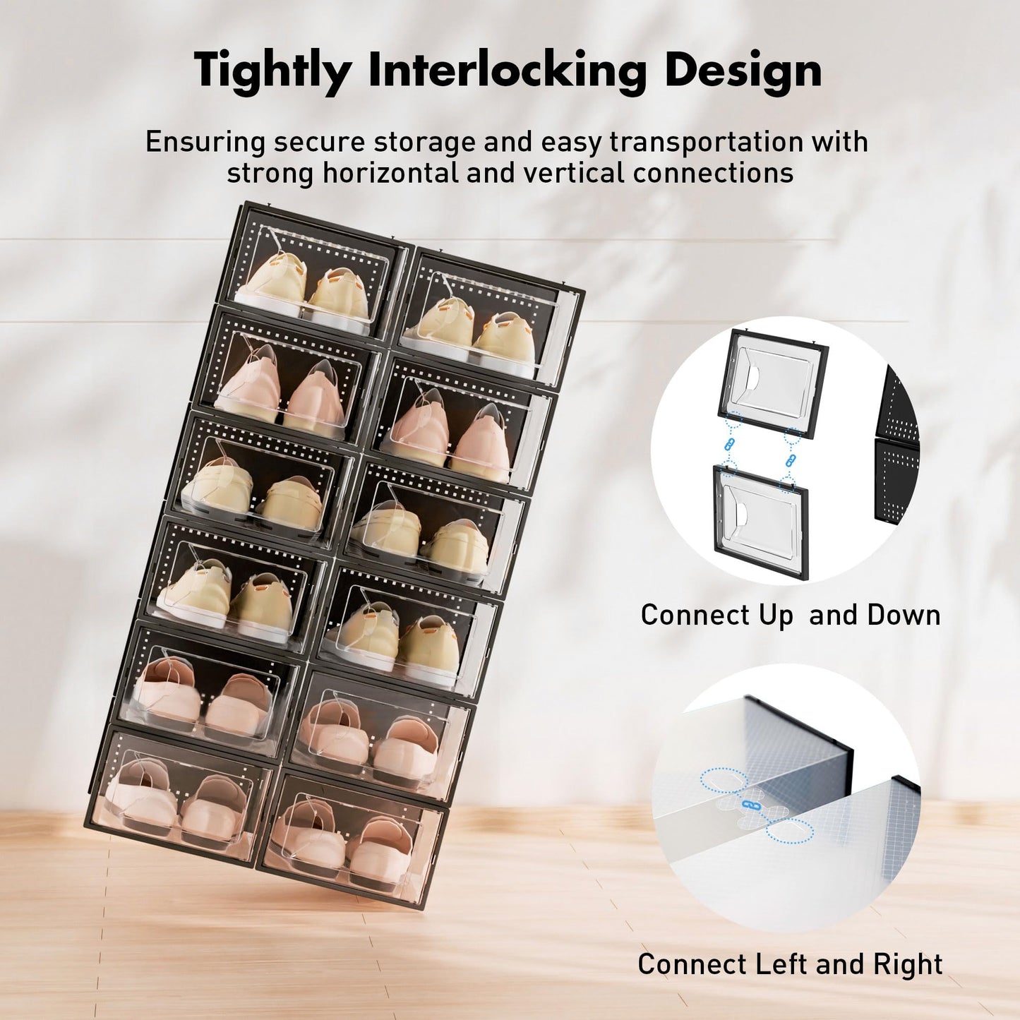 Foluck Shoe Storage Box, 15 Pack Clear Plastic Stackable Shoe Organizer for Closet, Interlocking Design Shoe Container Bins for Sneakers, Foldable Shoe Rack with Lids, Black