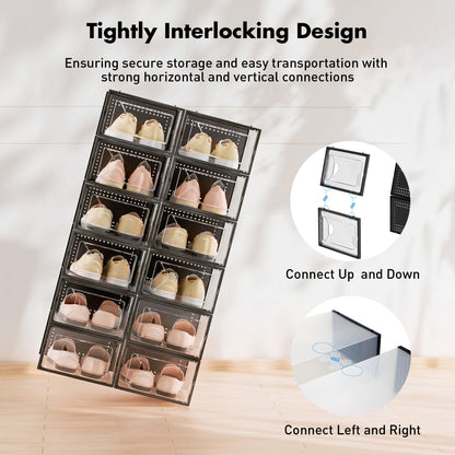 Foluck Shoe Storage Box, 15 Pack Clear Plastic Stackable Shoe Organizer for Closet, Interlocking Design Shoe Container Bins for Sneakers, Foldable Shoe Rack with Lids, Black