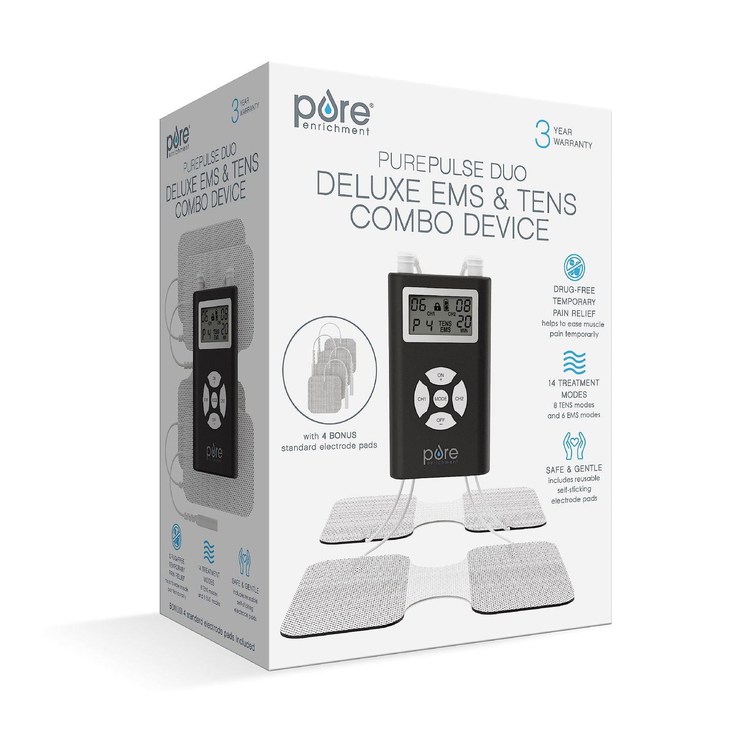 Pure Enrichment PurePulse Duo Dual Channel TENS & EMS Combo Muscle Stimulator - 14 Modes for Chronic Pain Relief, Adjustable Treatment Timer, Includes Reusable Electrode Pads, Storage Bag, & More