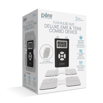 Pure Enrichment PurePulse Duo Dual Channel TENS & EMS Combo Muscle Stimulator - 14 Modes for Chronic Pain Relief, Adjustable Treatment Timer, Includes Reusable Electrode Pads, Storage Bag, & More
