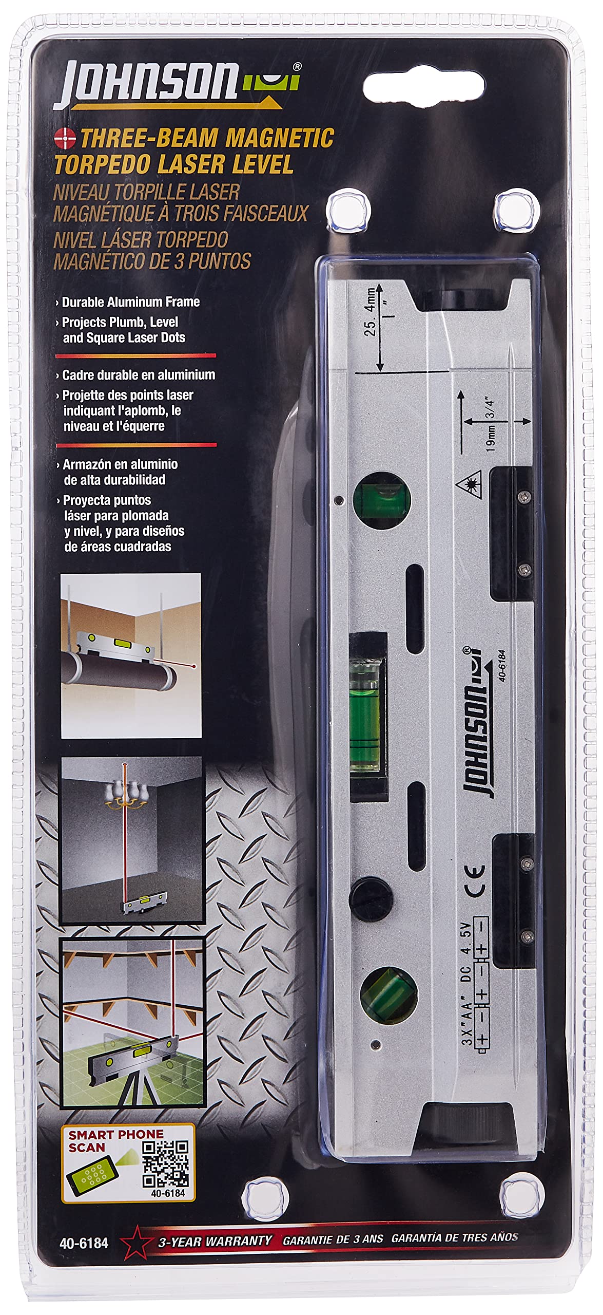 Johnson Level & Tool 40-6184 Magnetic Torpedo Laser Level, Silver & Black, 1 Laser Level