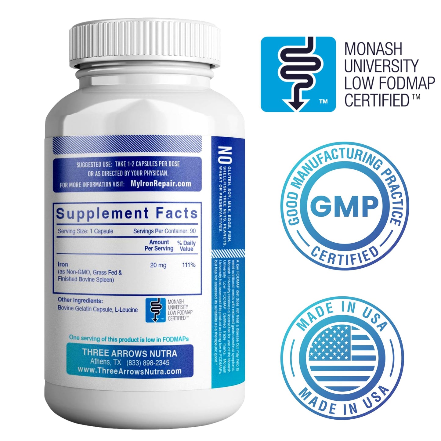 Iron Repair Simply Natural Iron Supplement, Best Absorption & Gentle on Stomach, Monash Low FODMAP, Raise Hemoglobin & Ferritin Iron Pills for Women, Men, Teens, & Pregnancy 90 Bovine Gelatin Capsules