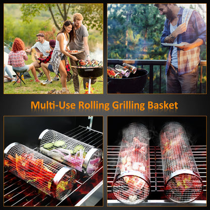 Rolling Grill Baskets (2PCS), Stainless Steel Grill Basket, Dishwasher Safe BBQ Grill Accessories Portable Grill Baskets for Outdoor Grill for Fish, Shrimp, Meat, Vegetables, Fries Outdoor Cooking Camping