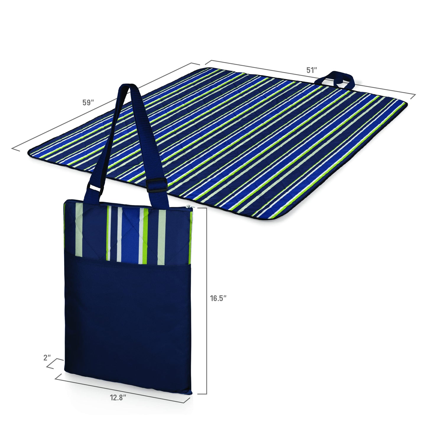 ONIVA - a Picnic Time brand - Vista Outdoor Picnic Blanket & Tote - Beach Blanket - Camping Blanket, (Blue Stripe Pattern with Navy Blue Exterior)