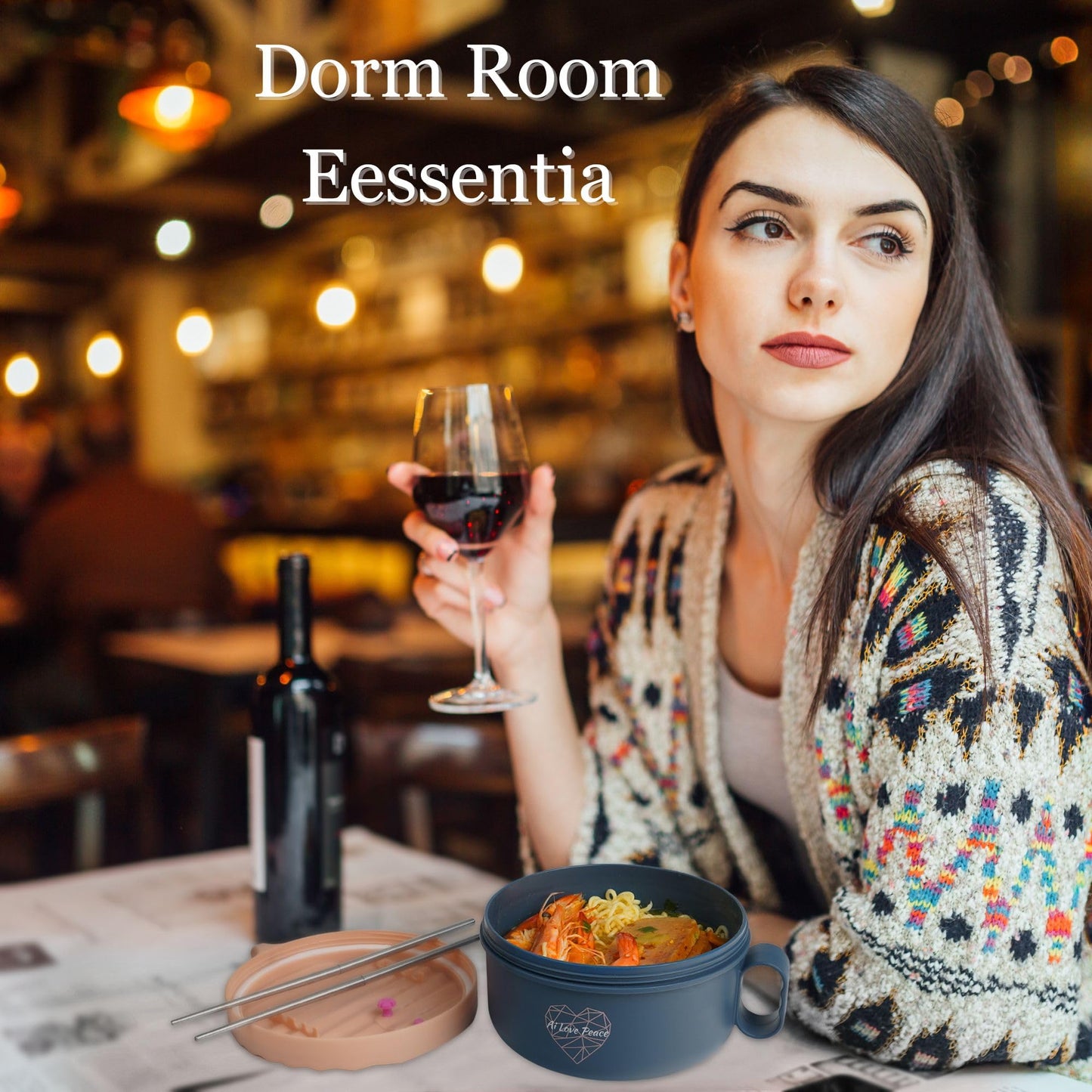 AI LOVE PEACE Ramen Bowl, 40 oz Microwaveable Noodle Cooker for Ramen, Pho, Soup, and Pasta, Dishwasher Safe and Portable, Ideal for Home, Office, Dorm, or Gift (Pink)