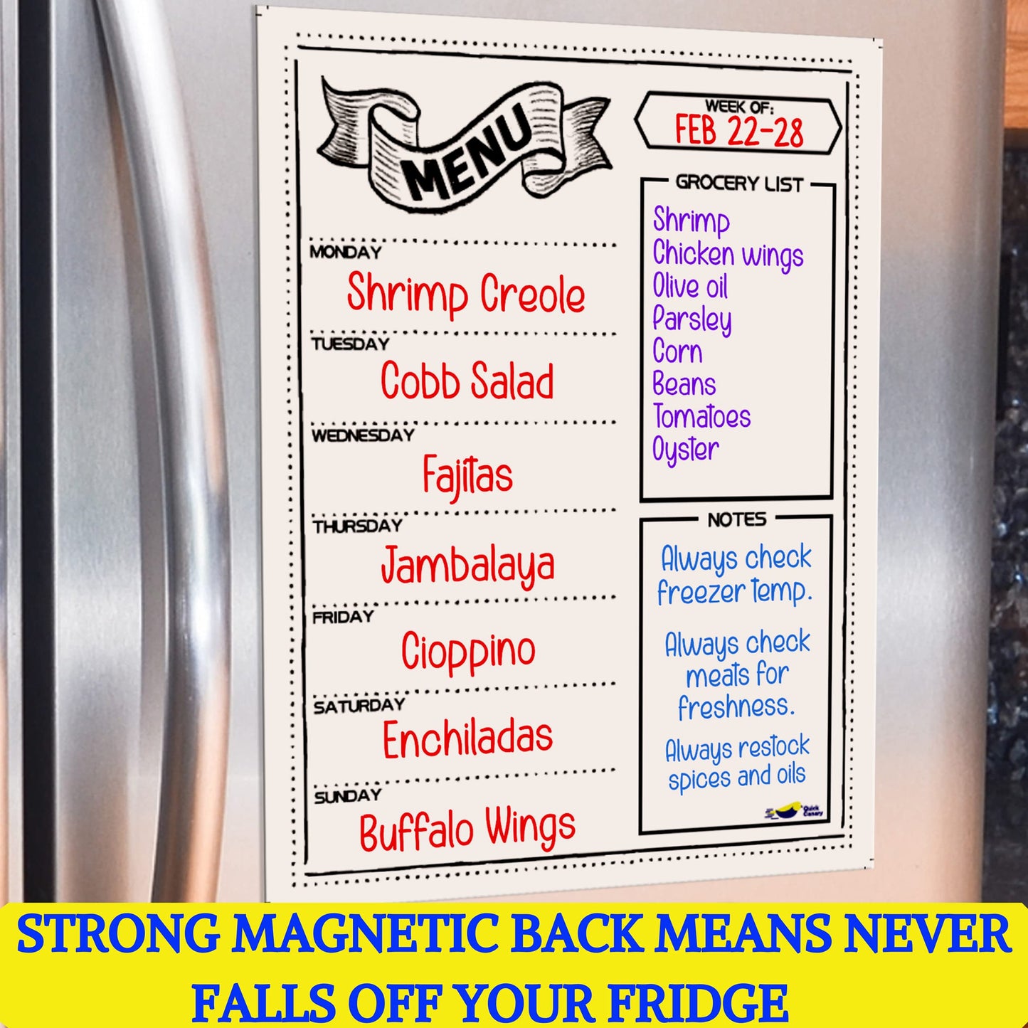 Magnetic Weekly Meal Planner for Refrigerator – 16x12” Dry Erase Menu Board for Kitchen – Fridge Calendar with 3 Markers & Eraser – Track Meals, Groceries, Notes & More – Easy-Clean Whiteboard
