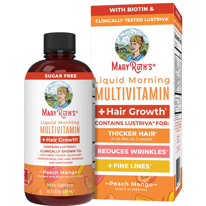 MaryRuth's Liquid Multivitamin + Hair Growth | Biotin 10000mcg | Lustriva Hair Growth Supplement | Clinically Tested in Women for Thicker Hair & Facial Wrinkles | Skin Care | Ages 18+ | 15.22 Fl Oz
