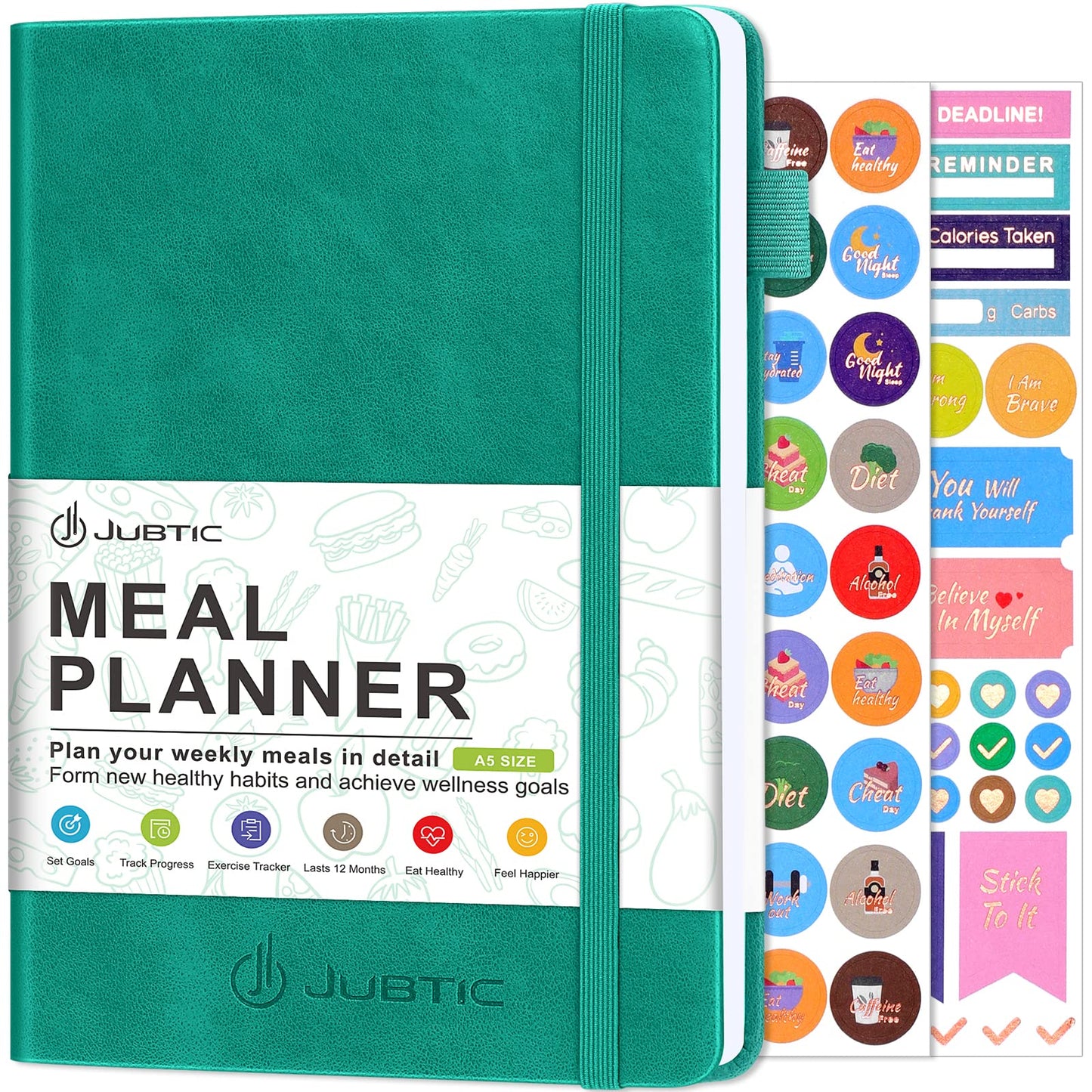 JUBTIC Meal Planner Notebook, Weekly & Daily Meal Prep Journal with Shopping and Grocery Lists for Food Planning Menu Planning Healthy Diet and Habits Tracker, Last 1 Year,Undated, A5, Green