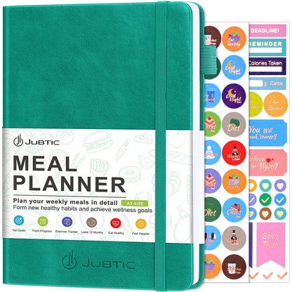 JUBTIC Meal Planner Notebook, Weekly & Daily Meal Prep Journal with Shopping and Grocery Lists for Food Planning Menu Planning Healthy Diet and Habits Tracker, Last 1 Year,Undated, A5, Green