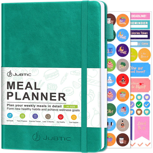 JUBTIC Meal Planner Notebook, Weekly & Daily Meal Prep Journal with Shopping and Grocery Lists for Food Planning Menu Planning Healthy Diet and Habits Tracker, Last 1 Year,Undated, A5, Green