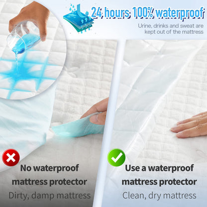 HYLEORY Queen Size Waterproof Mattress Pad Protector, Breathable Quilted Mattress Cover Noiseless Waterproof Fitted Sheet Mattress Topper Upto 21" Deep Pocket, White